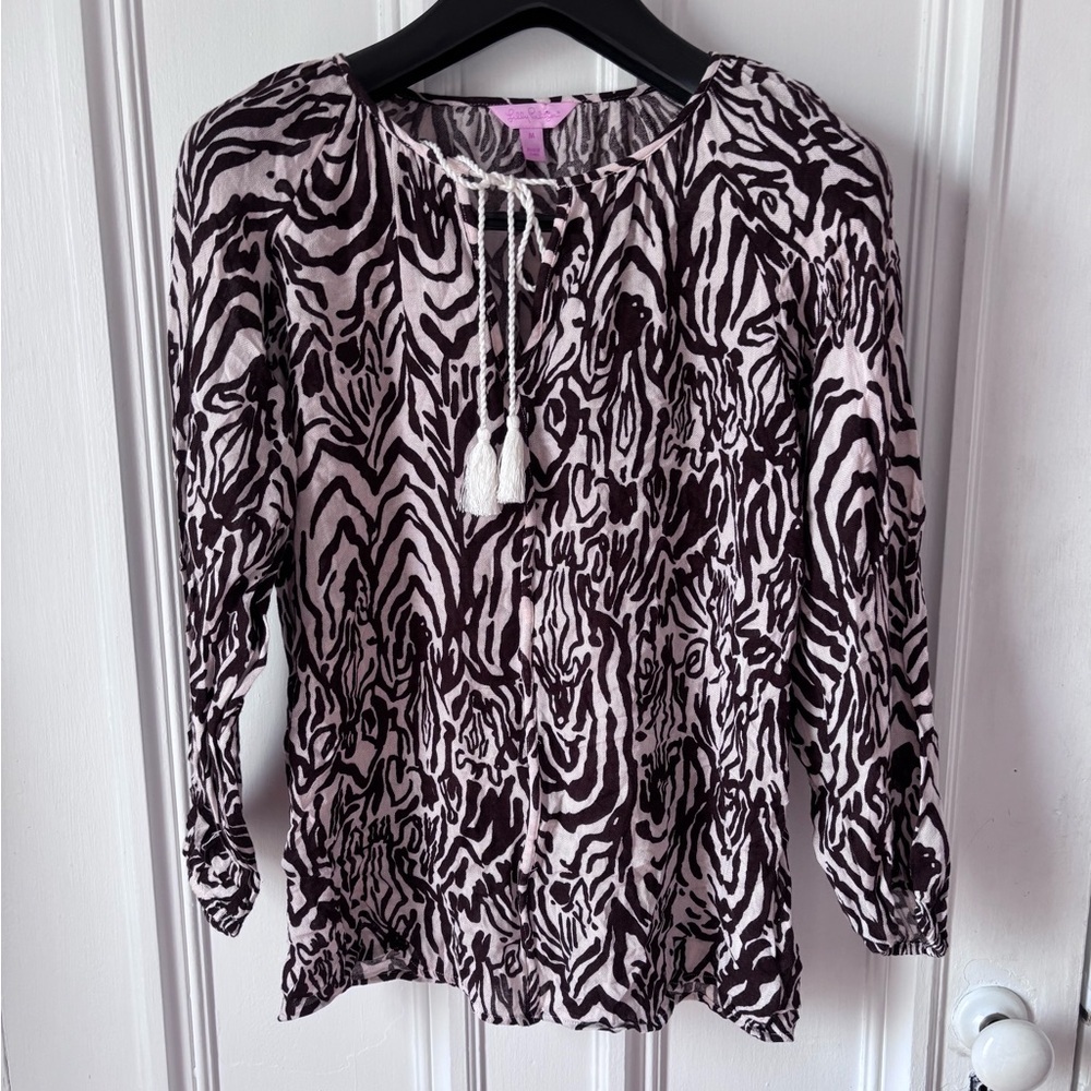 Women’s Lily Pulitzer Etta Tassel Top Zebra Print Blouse Size Medium